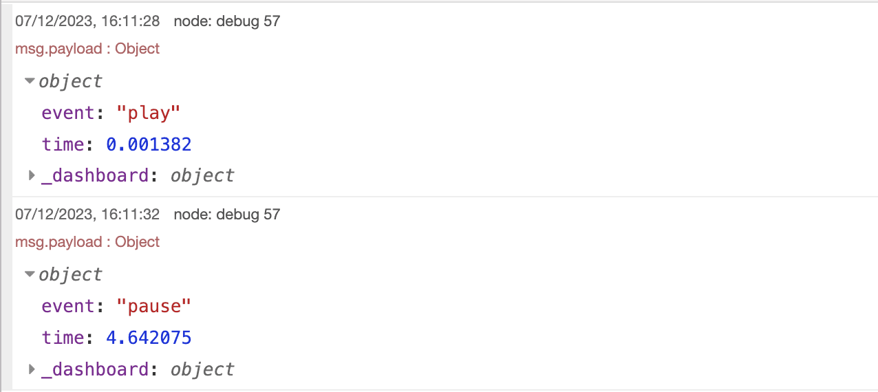 Example debug output when our custom build video player is played/paused