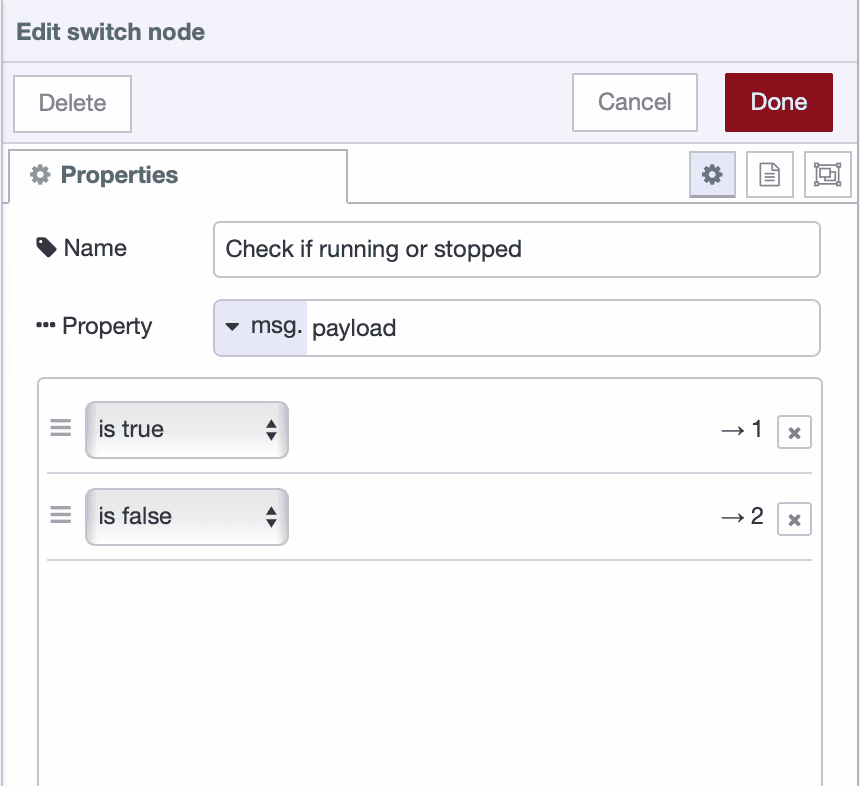 Switch node configuration showing conditions for true and false values